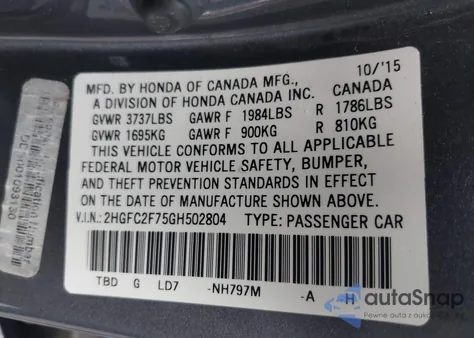 2016 Honda Civic Ex from USA, damaged, VIN 2HGFC2F75GH502804